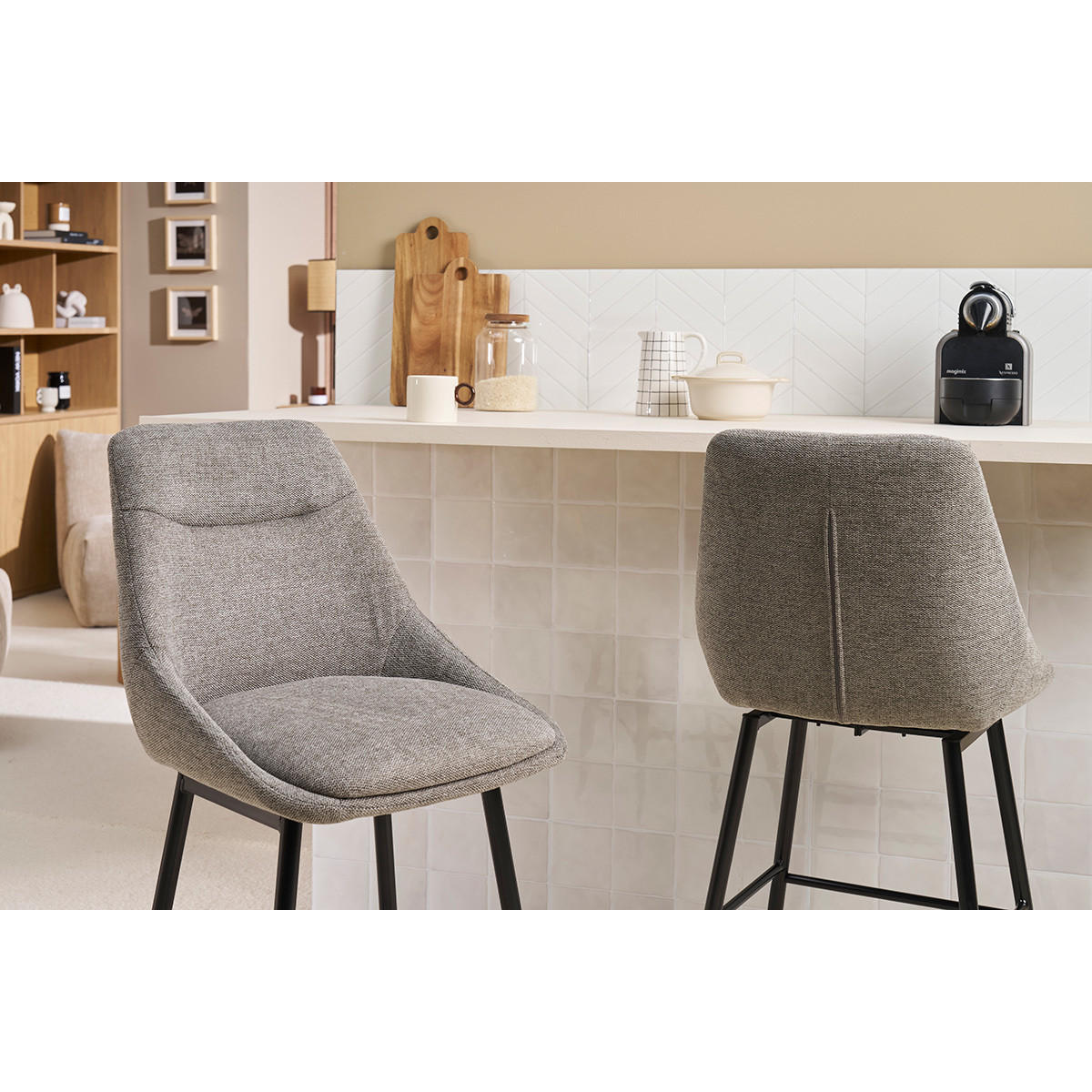 BARHOCKER aus Textil in Grau mit Samteffekt und Metall drehbar H66 cm (2er-Set) ALESS - Grau, Textil (52.5/97/49.5cm) - Miliboo
