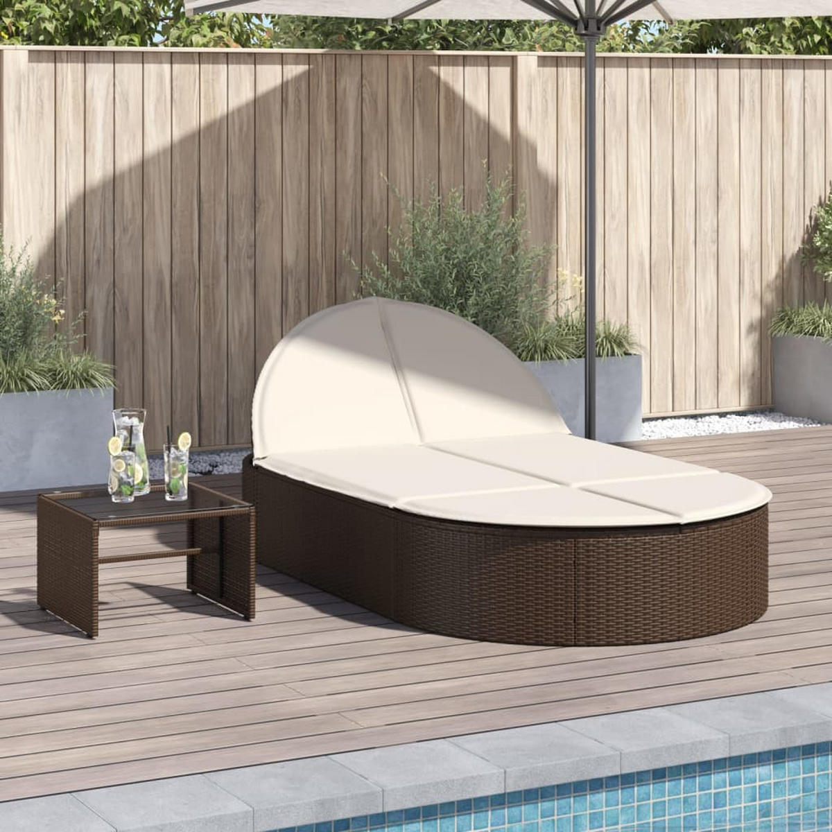 DOPPEL-SONNENLIEGE Mit Auflagen Braun Poly Rattan - Creme, Kunststoff (200/78/110cm) - vidaXL