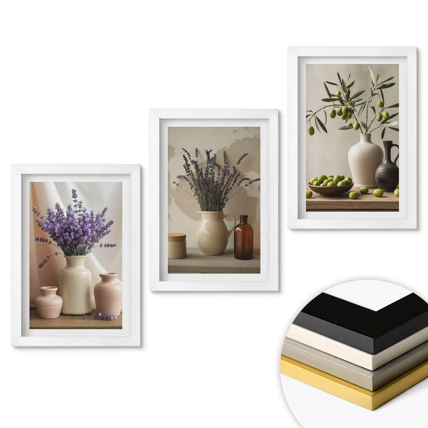 WANDBILDER 3er-Set - 20x30 cm Weißer Rahmen - Lavendelblüten, Oliven, Gefäße - Weiß, Kunststoff (20/30cm) - ArtPrintCave