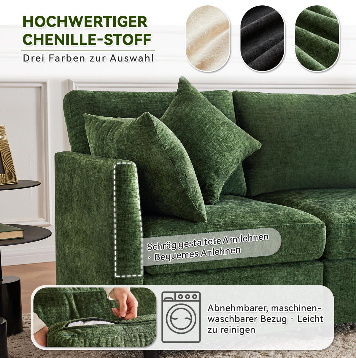 ECKSOFA 216/161/81 cm modular mit beweglichem Hocker und 4 Kissen aus Chenille, Grün - Grün, Textil (216/161cm) - Redom