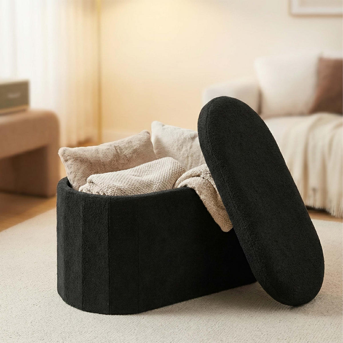 LAVICE Černá s úložným prostorem teddy čalounění 76 cm - černá, kompozitní dřevo/textil (76/38/38cm) - Relaxdays