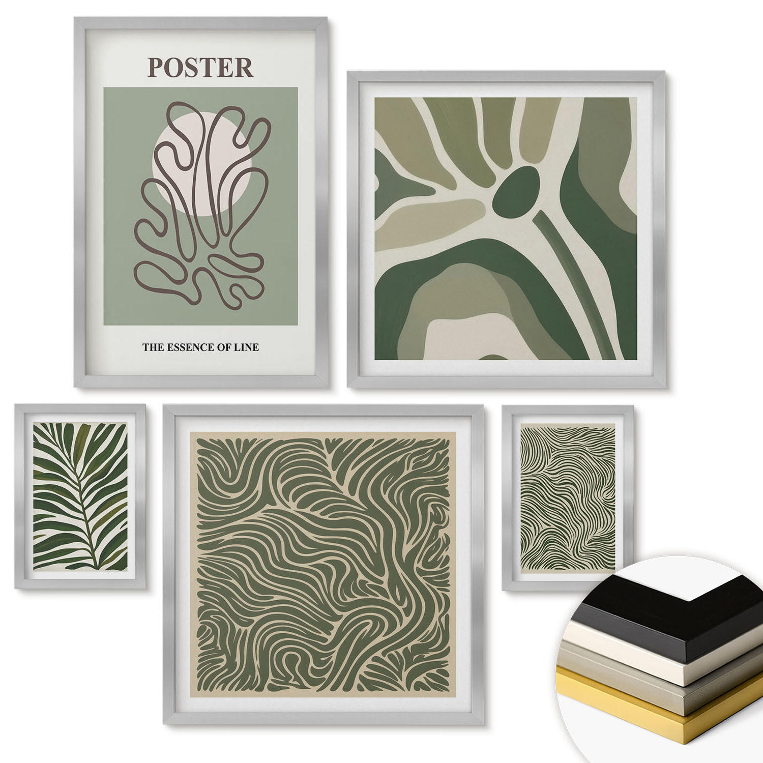 WANDBILDER 5er Set - 50x50 cm & 20x30 cm & 40x60 cm Silberner Rahmen - Blattmuster und wellenförmige Formen - Silberfarben, Kunststoff (40/60cm) - ArtPrintCave