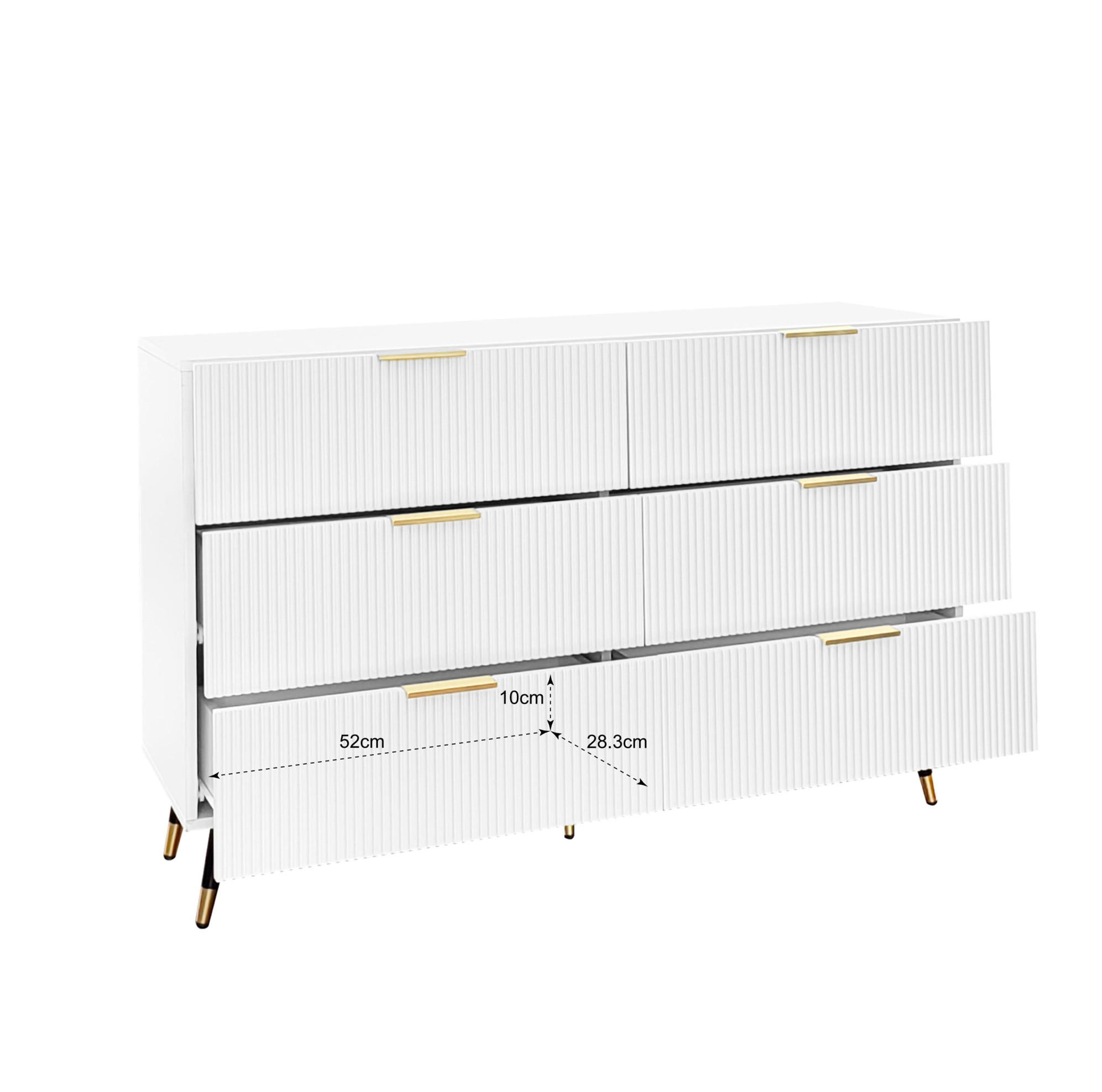 SIDEBOARD 120/40/77 cm in Weiß mit 6 Schubladen und goldfarbenen Details - Weiß, Holzwerkstoff (120/77/40cm) - Flora Grace