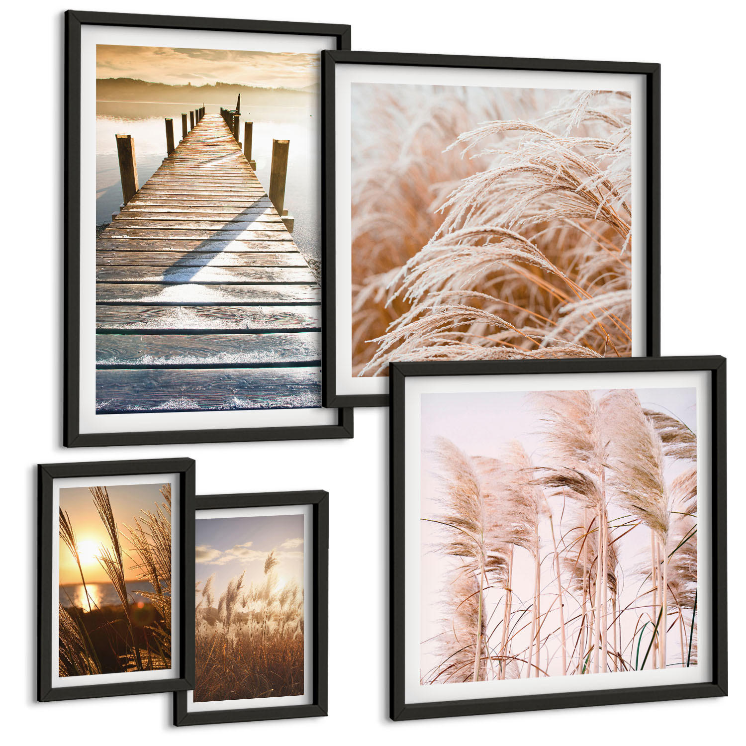 BILDER SET 5er Set - 50x50 cm & 20x30 cm & 40x60 cm Schwarzer Rahmen - Boho-Grasfeld-Sonnenuntergang - Schwarz, Kunststoff (40/60cm) - TULUP