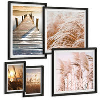 BILDER SET 5er Set - 50x50 cm & 20x30 cm & 40x60 cm Schwarzer Rahmen - Boho-Grasfeld-Sonnenuntergang - Schwarz, Kunststoff (40/60cm) - TULUP