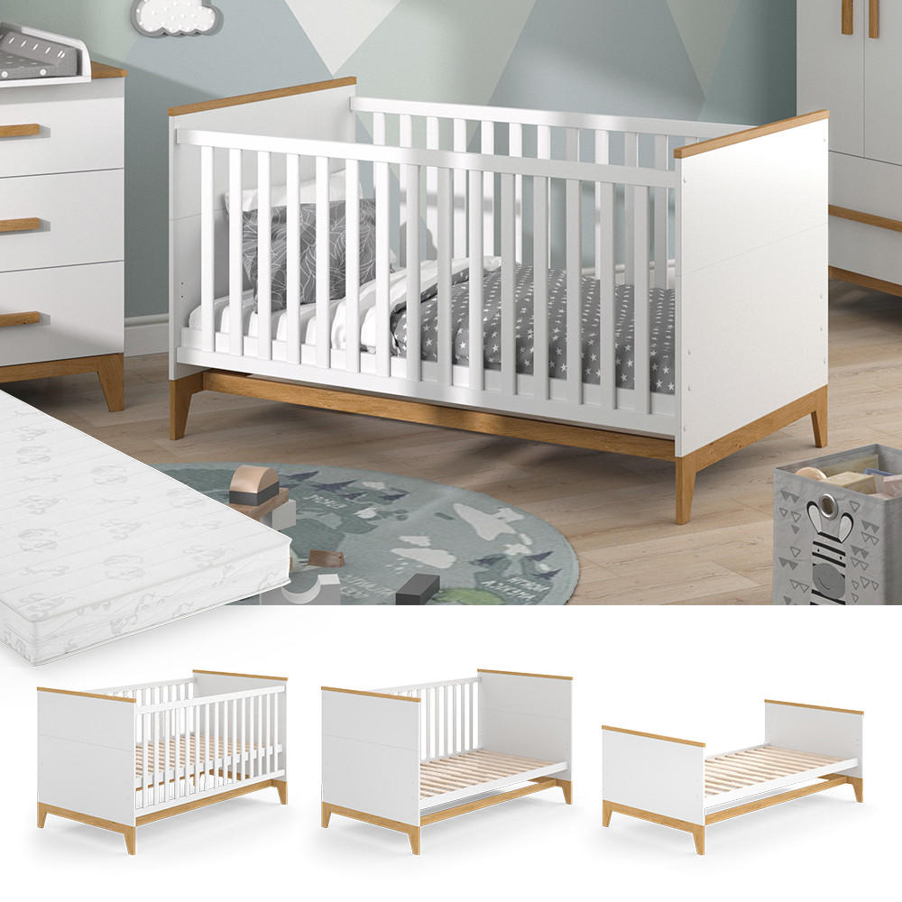 BABYBETT Malia Weiß 70x140 cm mit Matratze - Eichefarben/Weiß, Holzwerkstoff (70/140cm) - VitaliSpa