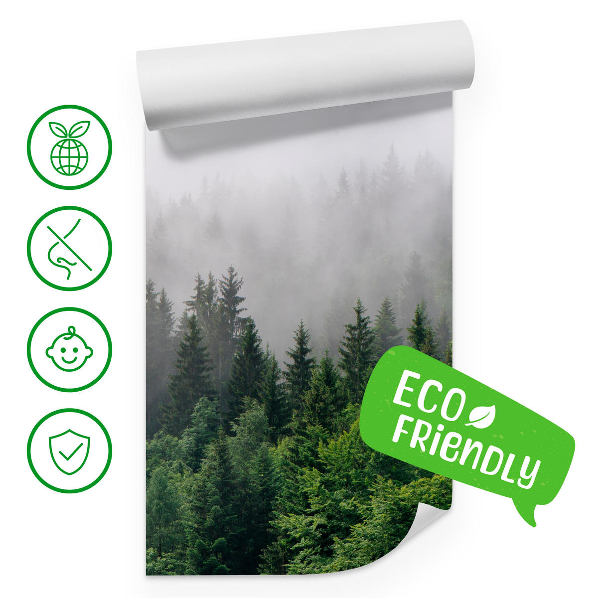 FOTOTAPETE für Wohnzimmer Nadelbäume Nebelwald Grün 200x140 - Grau/Grün, Papier (200/140cm) - Muralo