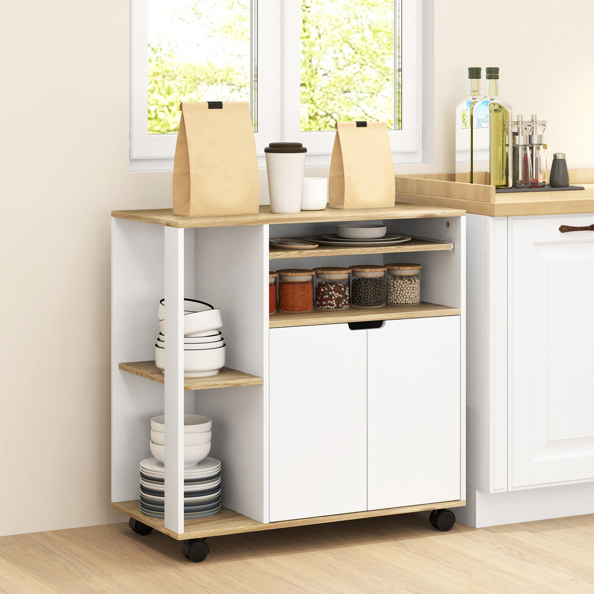 KÜCHENWAGEN mit Schrank, 80 x 40 x 82 cm, Weiß - Multicolor, Holzwerkstoff (80/82/40cm) - HOMCOM