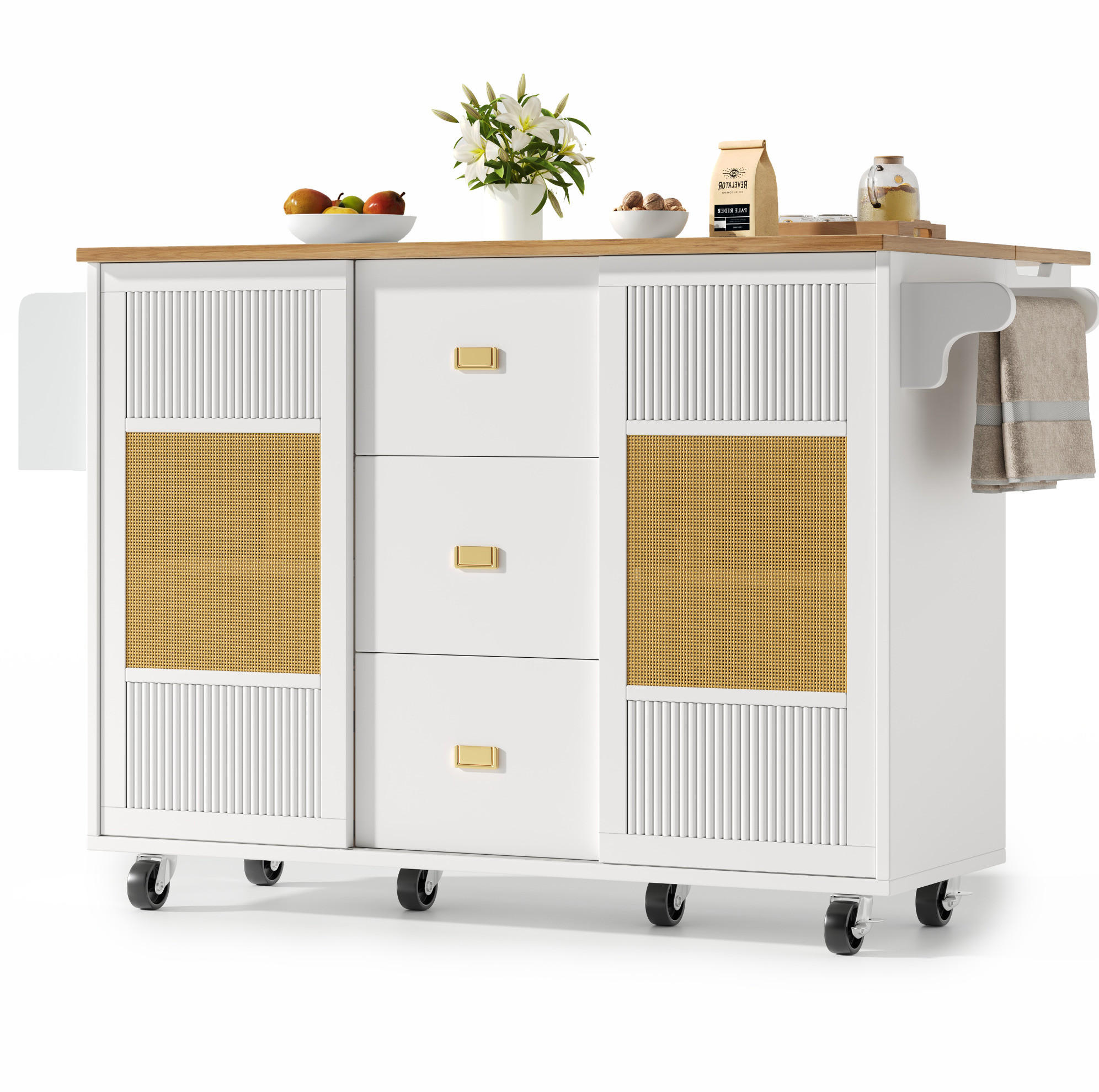 KÜCHENINSEL 146,85/70/90 cm in Weiß mit Klapptisch und Rollen - Weiß, Holzwerkstoff (146.85/90/70cm) - Flora Grace