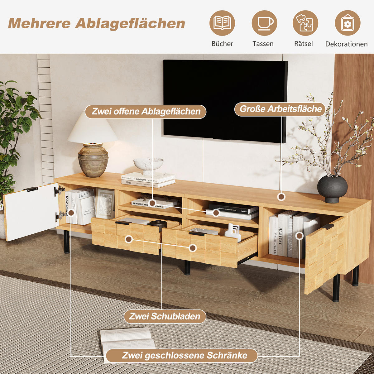 TV STOLEK v přírodní barvě se 2 zásuvkami a 2 otočnými dvířky do obývacího pokoje, 200×35×44,5 cm - přírodní/černá, kompozitní dřevo (200/44.5/35cm) - STILVORA