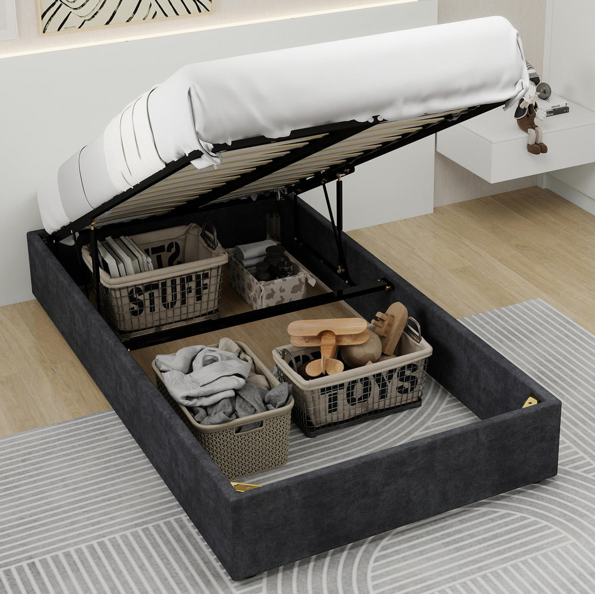 POLSTERBETT 90/200 cm grau aus Stoff und Metall mit Stauraum - Grau, Textil (90/200cm) - OKWISH