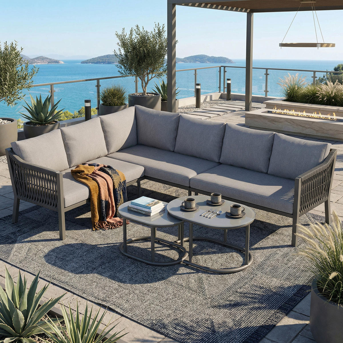 DINING-LOUNGESET Grau L-Shaped für 6 Personen - Grau, Textil - Kaket