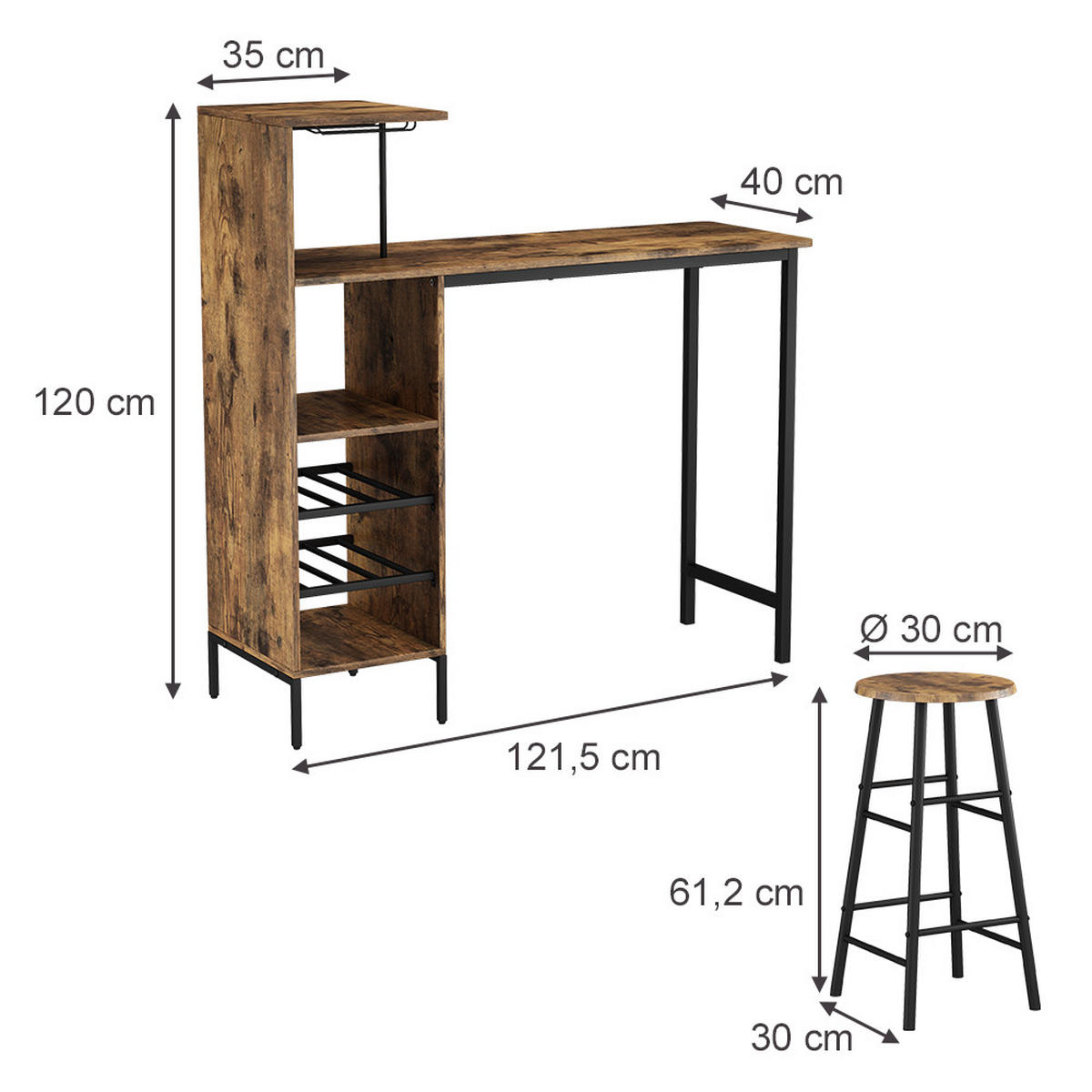 BARTISCH-SET Fyrk Schwarz/Eiche rustikal 121.5 x 40 cm mit 2 Hocker - Wildeiche/Schwarz, Holzwerkstoff (121.5/120/40cm) - Vicco