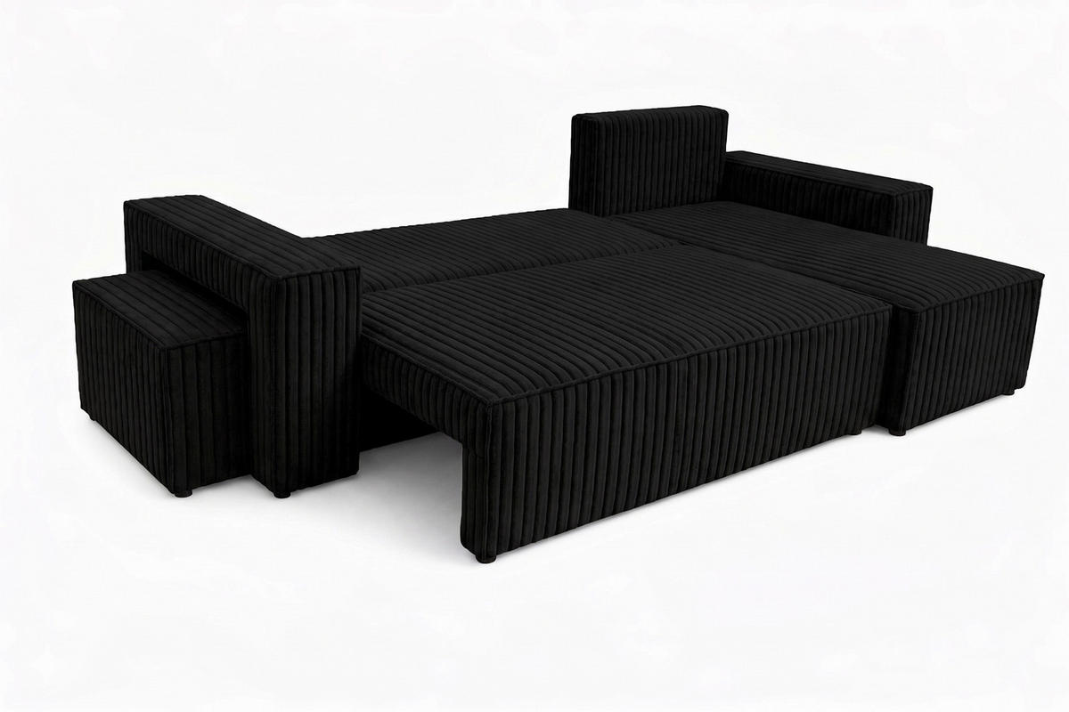ECKSOFA Mit Schlaffunktion Und Pouf, Cordstoff Tilia, Schwarz, Rechts, Best L Mit Pouf - Schwarz, Holz (244/145cm) - Kaiser Möbel