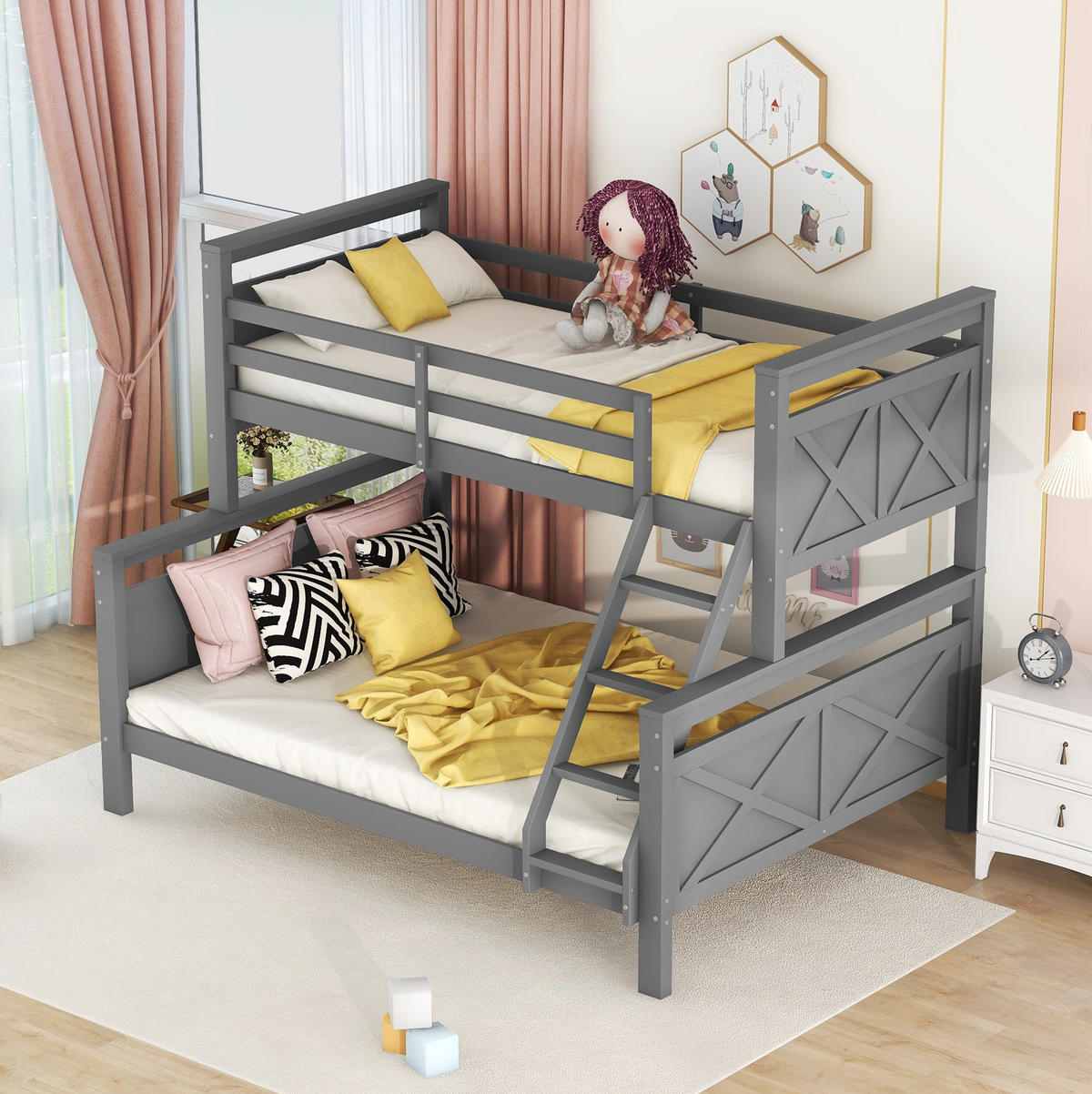 ETAGENBETT mit Leiter und Sicherheitsgeländer, umbaubar, grau, 90/140 cm - Grau, Holz (140/200cm) - MIVRAY