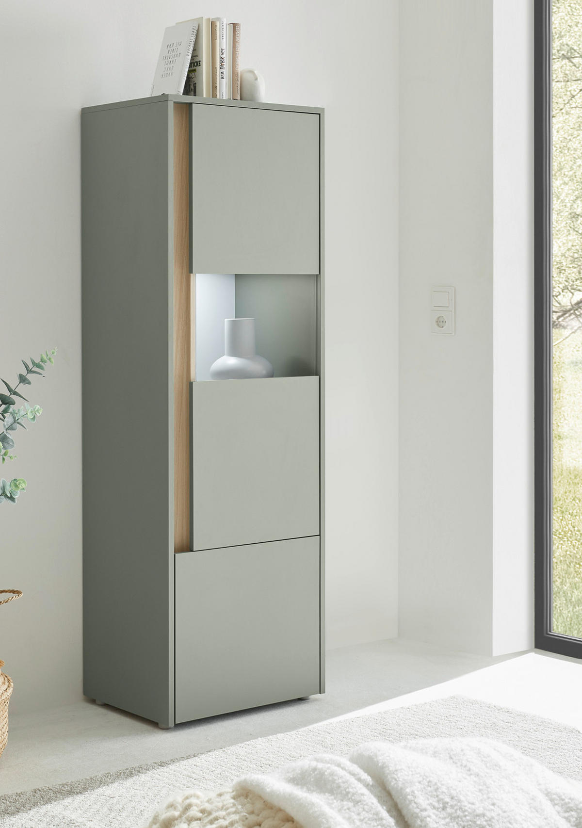 VITRINE Salbei grün, Barista Eiche 50 x 150 cm, Vitrinenschrank halbhoch - Salbeigrün/Eichefarben, Glas/Holzwerkstoff (50/155/40cm) - Furn.Design