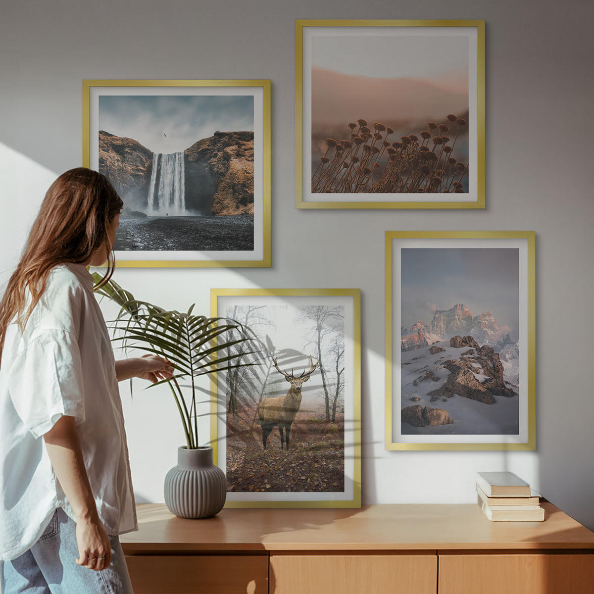 BILDER SET 4er Set - 50x50 cm & 40x60 cm Goldrahmen - Wilde Landschaften, Berge, Hirsche - Goldfarben, Kunststoff (50/50cm) - TULUP