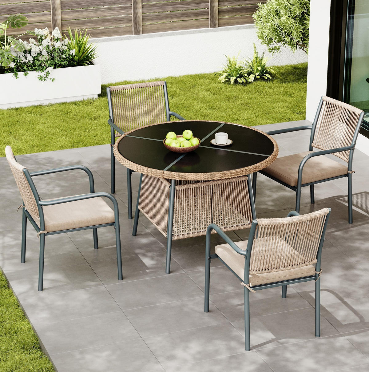 GARTENMÖBELSET 110/110/74 cm mit rundem Tisch, 4 Sesseln, Sicherheitsglas und Sitzkissen, Grau - Beige, Metall - Redom