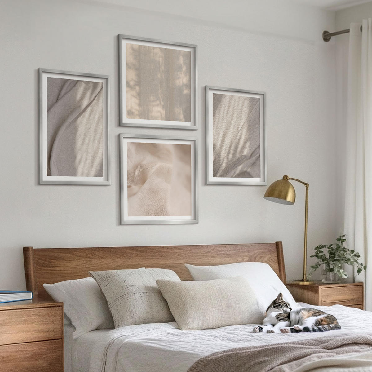 WANDBILDER 4er Set - 50x50 cm & 40x60 cm Silberner Rahmen - Nahaufnahme von natürlichen Boho-Stoffen - Silberfarben, Kunststoff (50/50cm) - ArtPrintCave