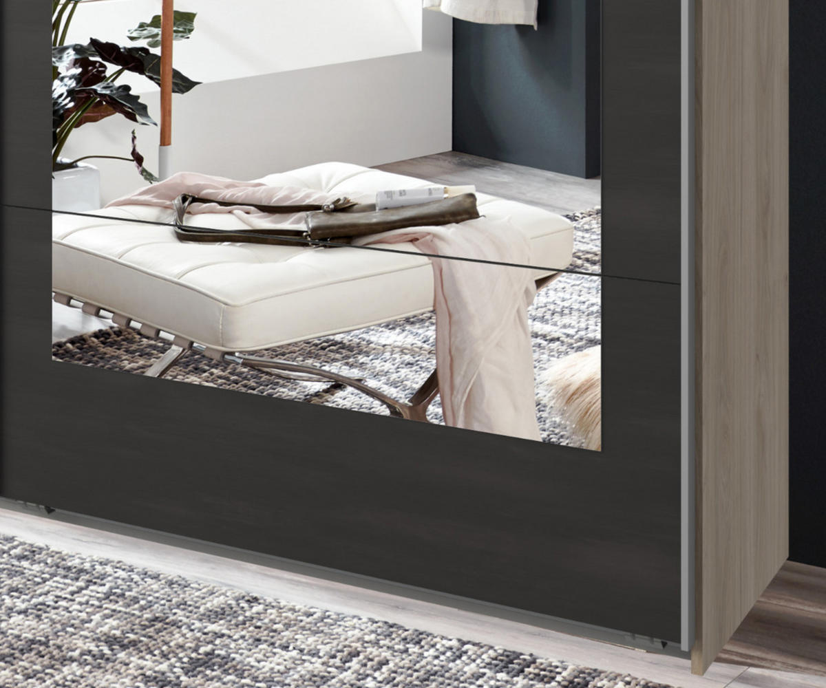 SCHWEBETÜRENSCHRANK 2-türig B225/H208/T65 cm in Eichen-Dekor mit Absetzungen in grauer Stahl-Optik / 22002 - Eichefarben/Alufarben, Holzwerkstoff/Metall (225/208/65cm) - luma-home