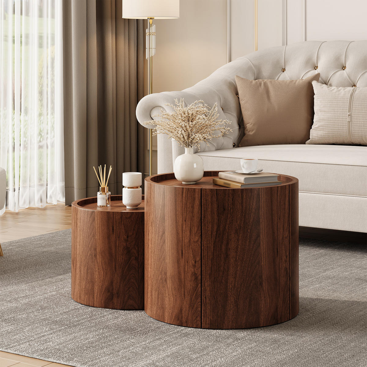 COUCHTISCH mit Stauraum, Schubladen, geschwungenen Türen - Walnussfarben, Holzwerkstoff (47.5/77.5/40cm) - FLIEKS