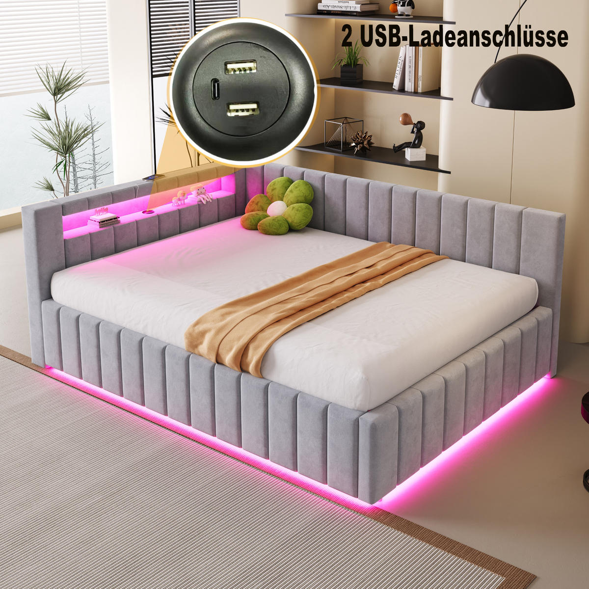 SCHLAFSOFA 140/200 cm in Hellgrau Samt mit Bettkasten, LED und USB - Hellgrau, Holzwerkstoff/Textil (140/200cm) - WISHDOR