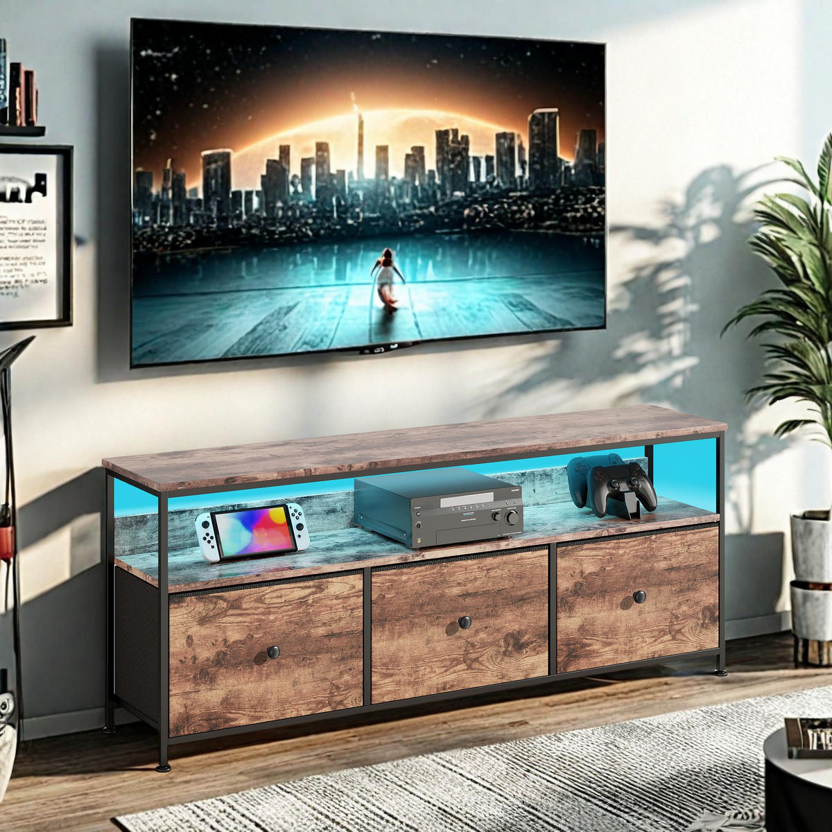 LED TV-TISCH 108cm 3 Vintage Schubladen Metallgestell - Multicolor, Holzwerkstoff (29.8/57/108cm) - SHOPENTRA