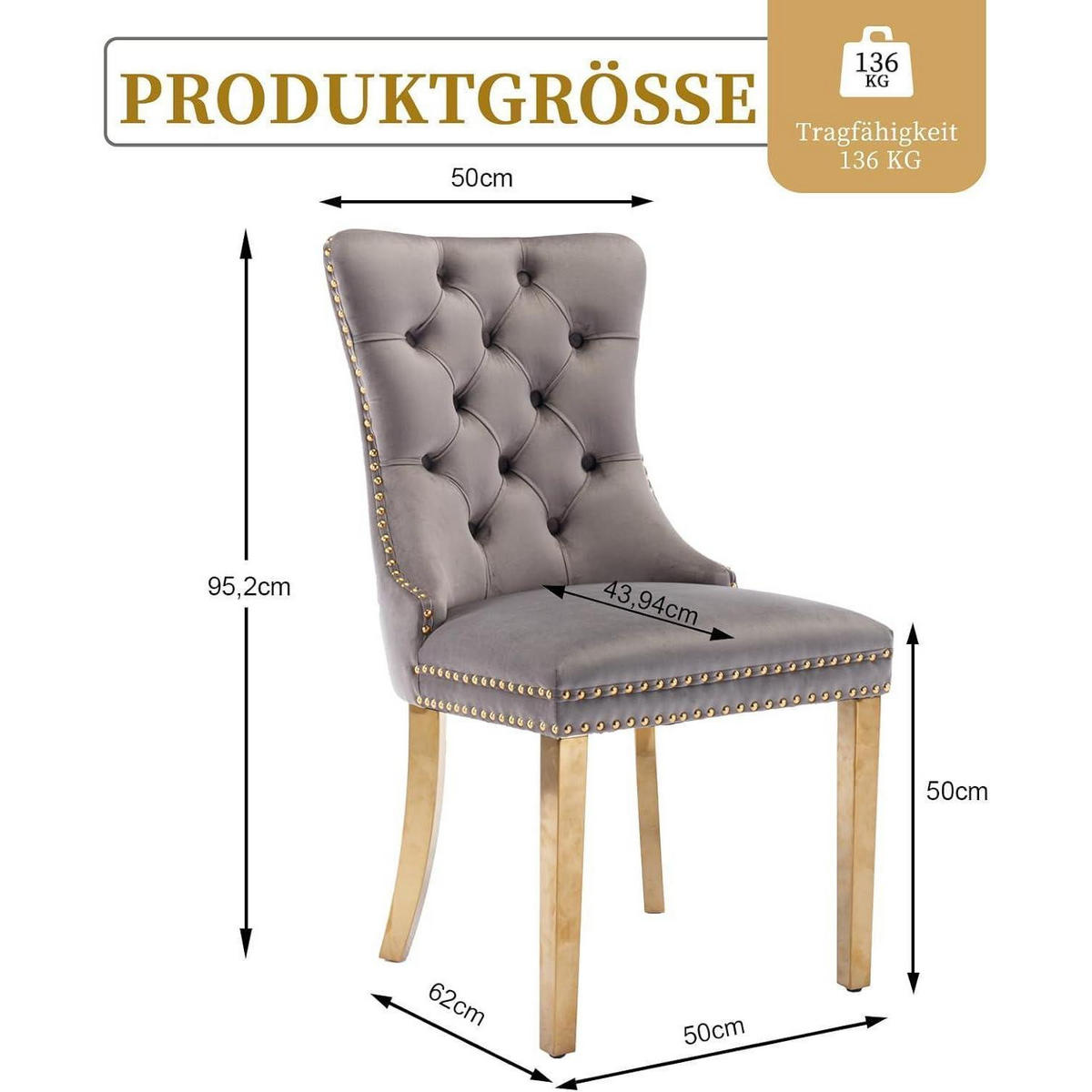 ESSZIMMERSTÜHLE 6er-Set Samt Grau mit goldenen Edelstahlbeinen - Grau, Textil (50/95.2/62cm)