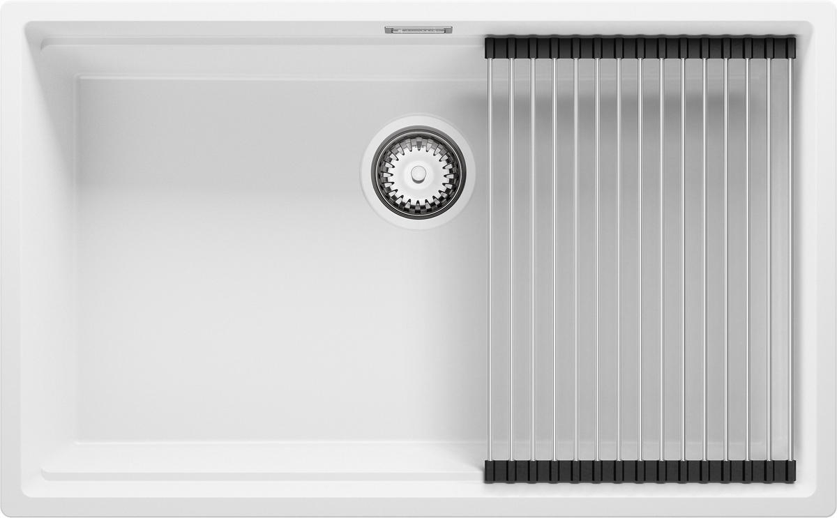 SPÜLBECKEN Praga Slim, 2-er set Weiß 76/47 cm 1 Becken + Ablauf-Set + Aufrollbare Abtropffläche ab 80er Unterschrank - Chromfarben/Weiß, Kunststoff (76/20/47cm) - Primagran