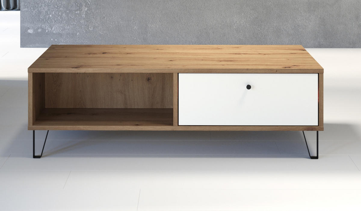 COUCHTISCH weiß matt, Eiche Artisan 110 cm, Beistelltisch mit 2 x Schubkasten - Eichefarben/Schwarz, Holzwerkstoff/Kunststoff (60/110/37cm) - Top.Furn