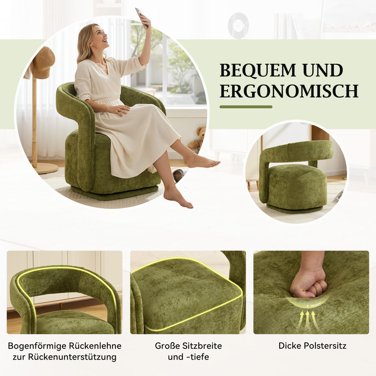 SESSEL,360 Grad Drehsessel Grün, Wohnzimmer Loungesessel - Grün, Textil (70/74/65cm) - PARAFTA HOME