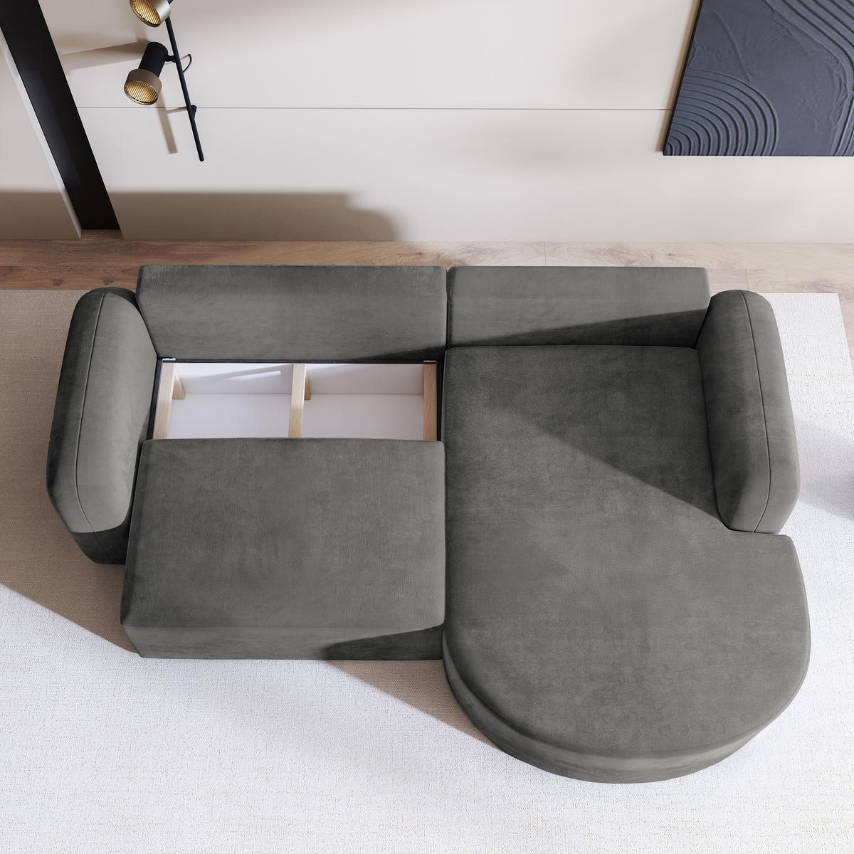 ECKSOFA AMILIA M R-S Grau Velours-Stoff mit Schlaffunktion - Grau, Holz (263/174cm) - MASSENO