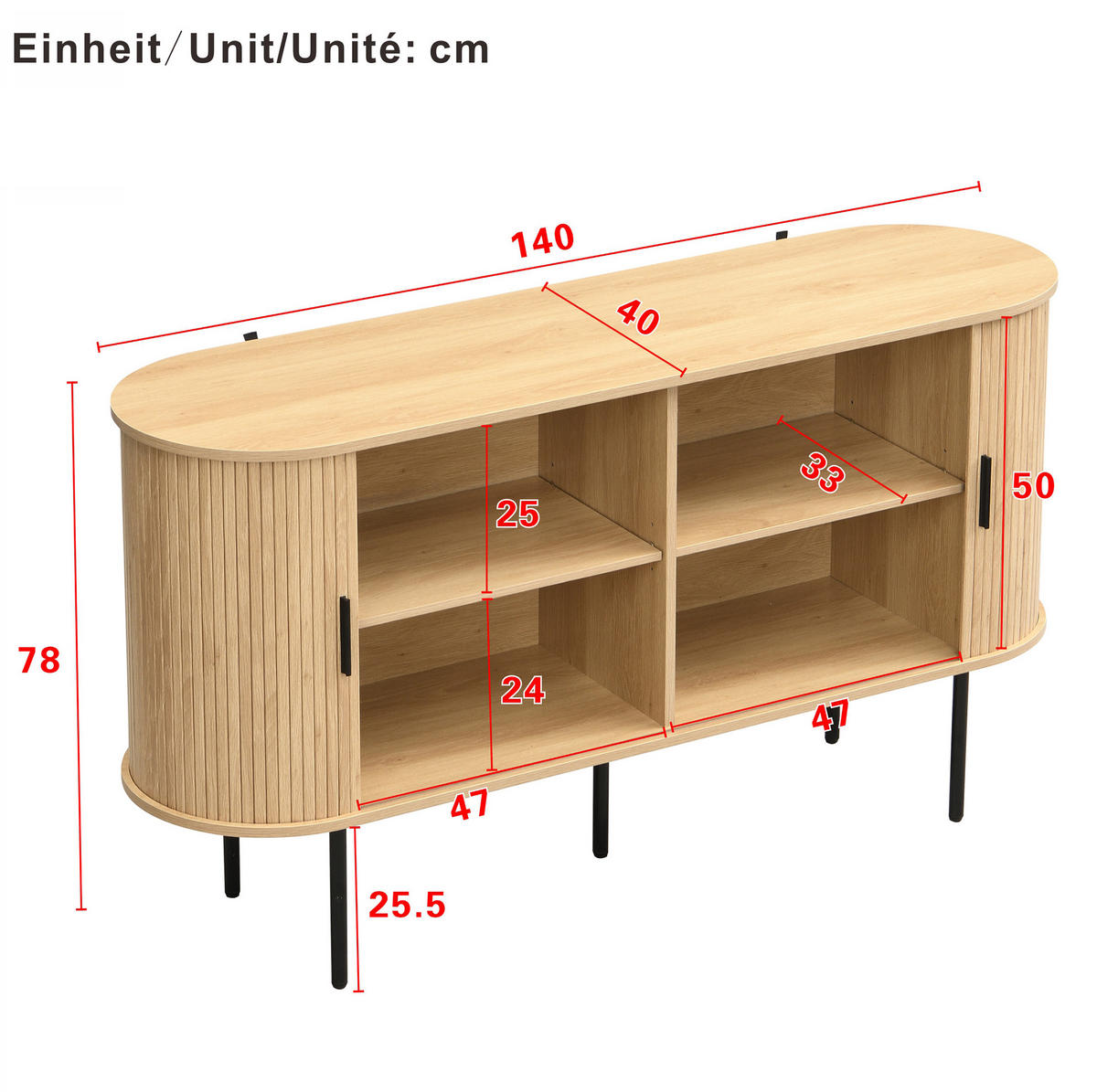 KOMMODE 140/40/78 cm mit Rolltüren und Metallbeinen in Holzoptik - Naturfarben, Holzwerkstoff (140/78/40cm) - BEAOK