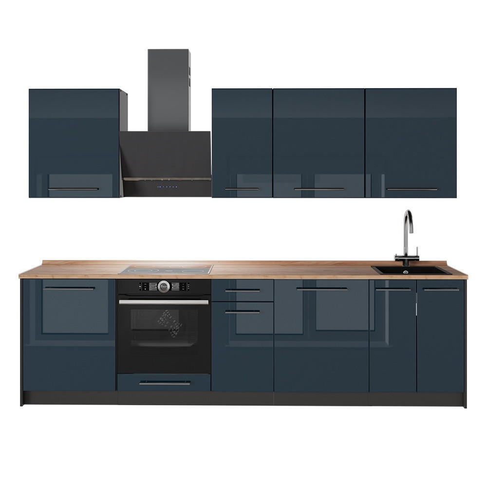 KÜCHENZEILE Fame-Line, Dunkelblau Hochglanz/Anthrazit, 280 cm, AP Eiche - Anthrazit/Dunkelblau, Holzwerkstoff (280/206.8/60cm) - Vicco
