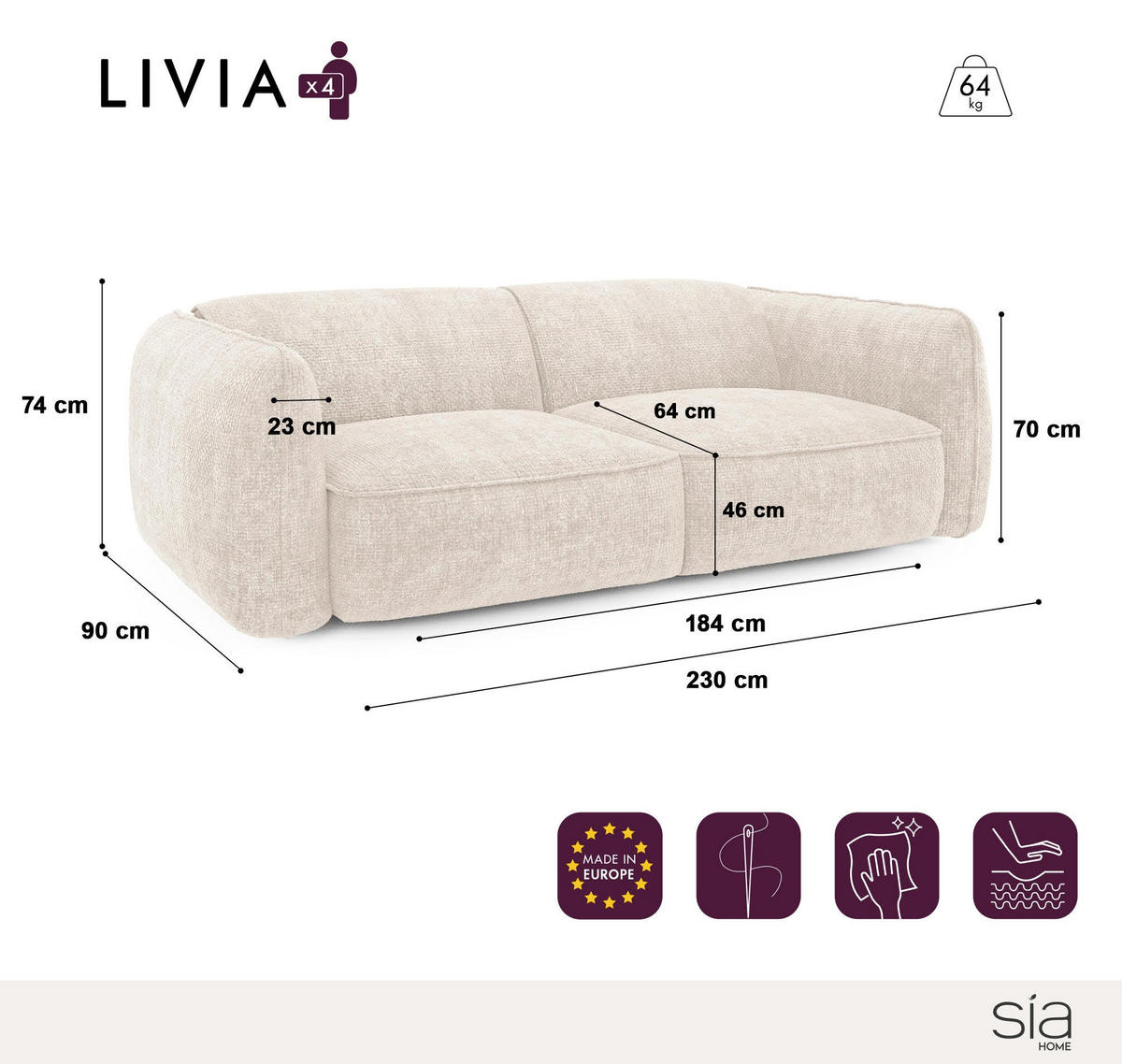 SOFA 4-SITZER Bouclé-Stoff Taupe 230cm - Taupe, Textil (230/74/90cm) - Sia Home