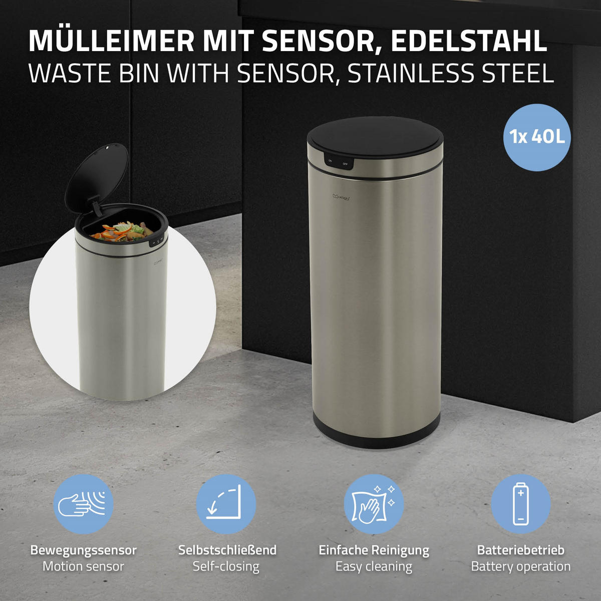 MÜLLEIMER mit Sensor 40L rund aus Edelstahl Silber - Silberfarben, Metall (29/68/29cm) - ML-DESIGN