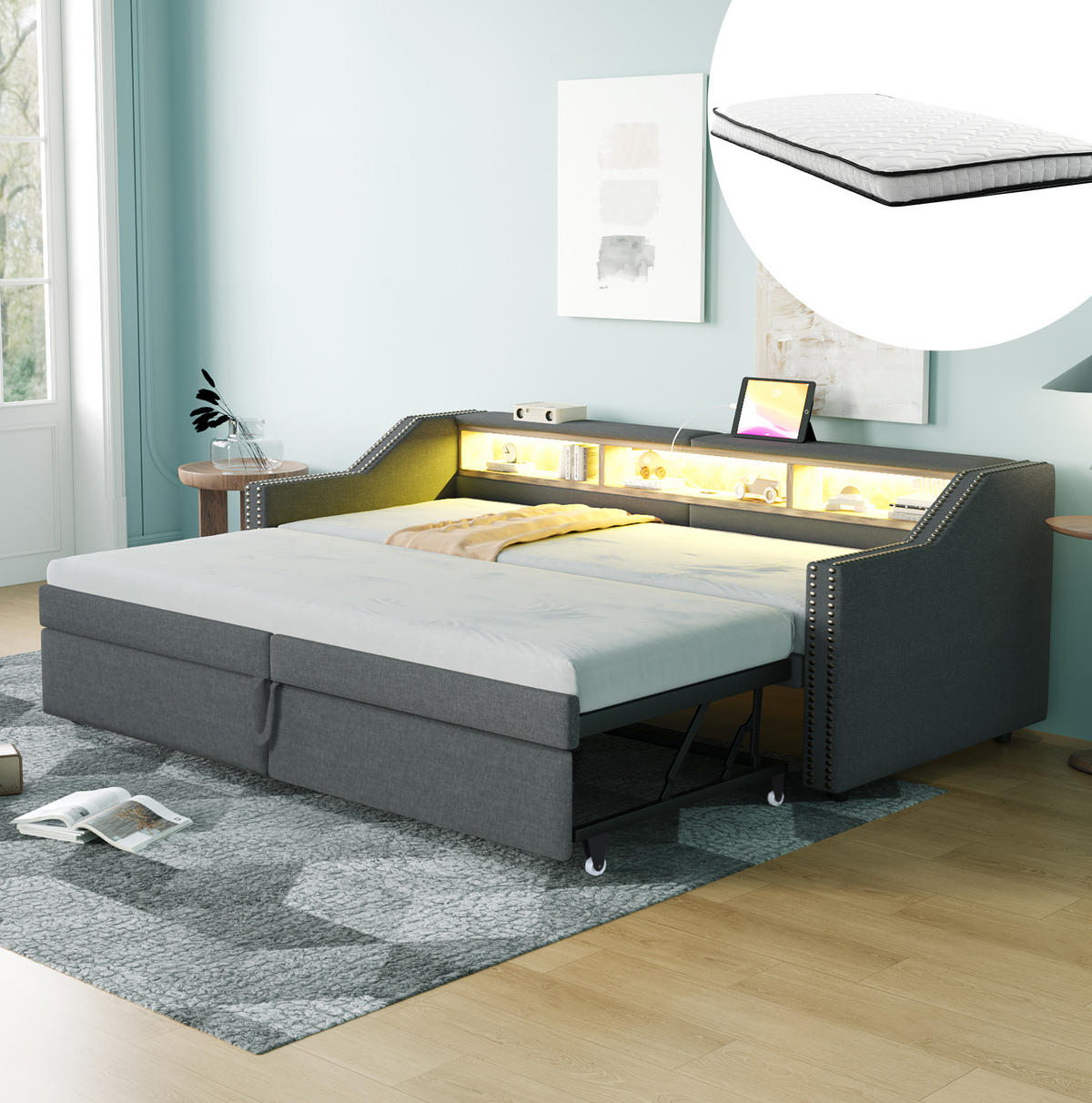 POLSTERBETT 90/200 cm ausziehbar mit LED, USB, Ablagefächern und 2 Federkernmatratzen, Dunkelgrau - Dunkelgrau, Holzwerkstoff (90/200cm) - Redom