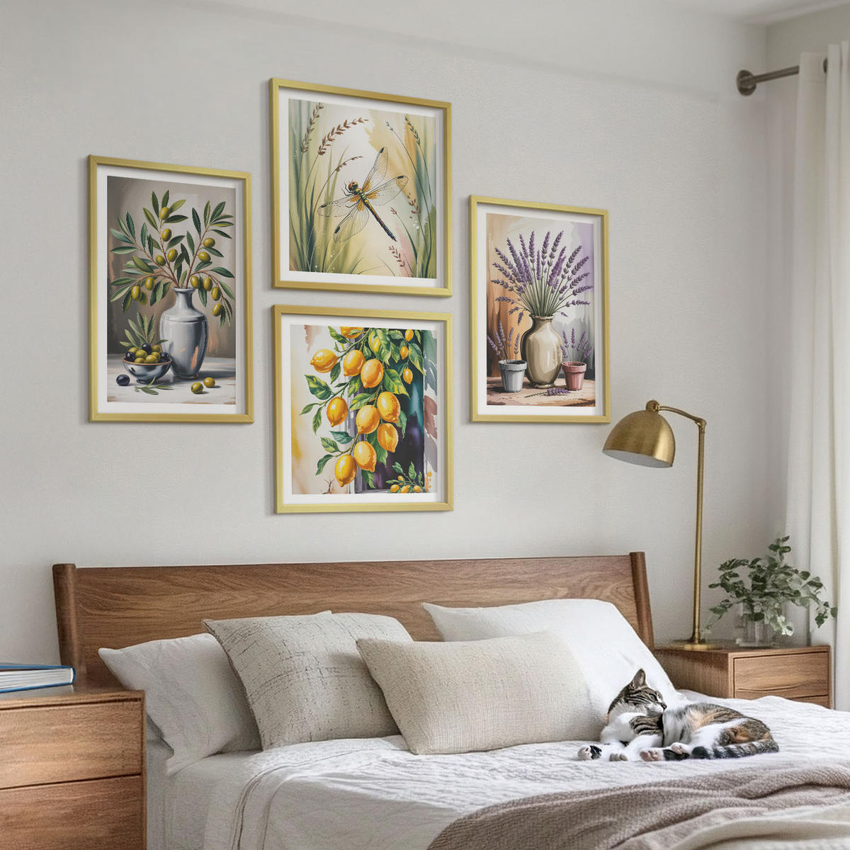 WANDBILDER 4er Set - 50x50 cm & 40x60 cm Goldrahmen - Olivenblüten in Vasen Natur - Goldfarben, Kunststoff (50/50cm) - ArtPrintCave