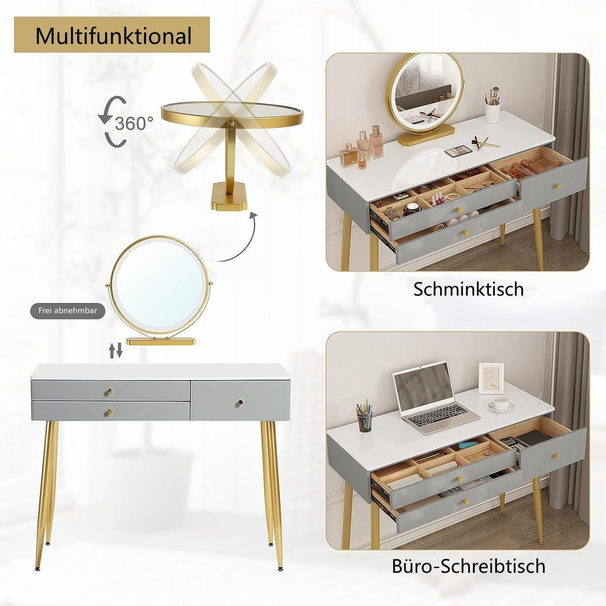 SCHMINKTISCH mit einstellbarer Spiegelleuchte Samthocker Goldbeine - Goldfarben/Grau, Holzwerkstoff/Metall (100/122/40cm) - Woltu