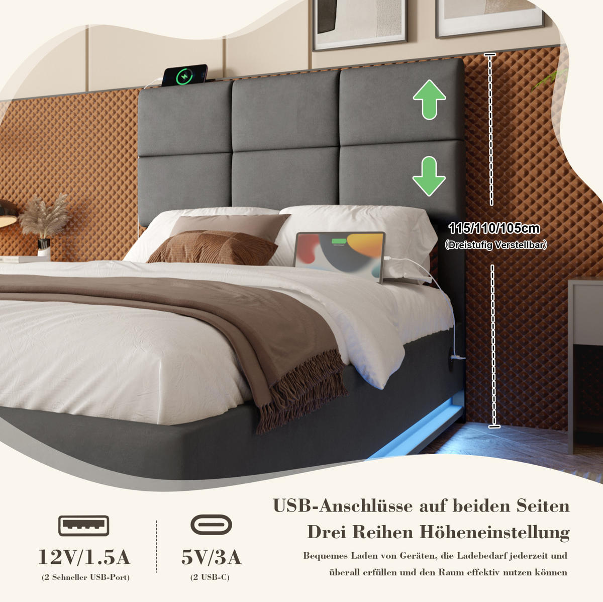 ČALOUNĚNÁ postel ze sametu, 90/200 cm tmavě šedá, LED osvětlení, USB a úložný prostor - tmavě šedá, textil (90/200cm) - Modenvie