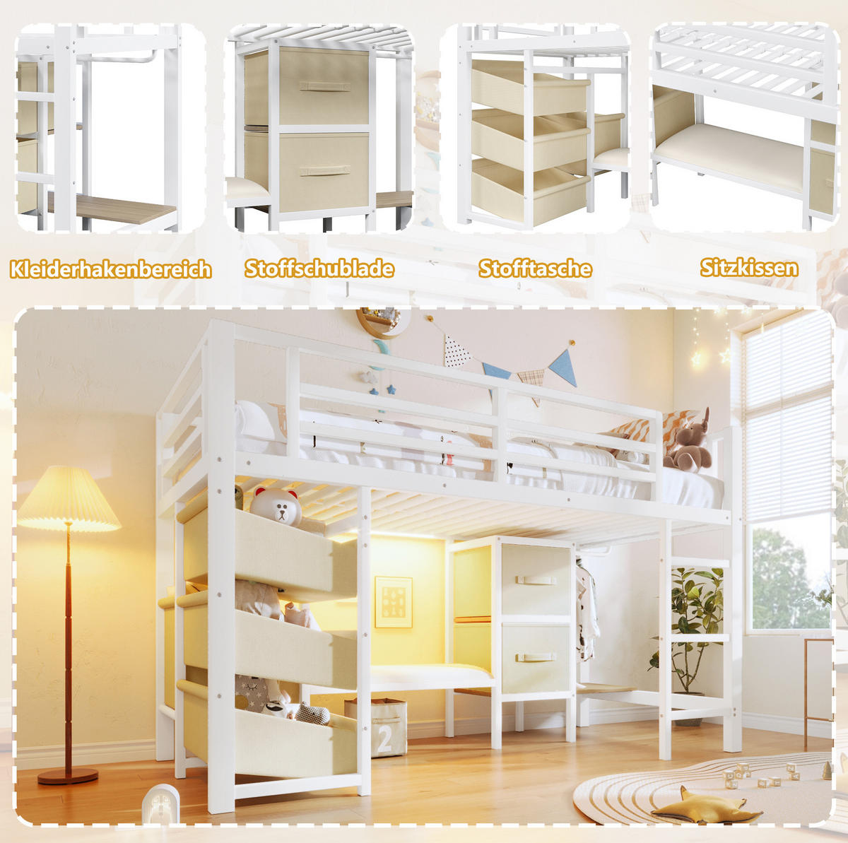 VYSOKÁ posteľ 90/200 cm biela z kovu s LED osvetlením úložným priestorom a sedacím vankúšom - biela, kov (90/200cm) - OKWISH