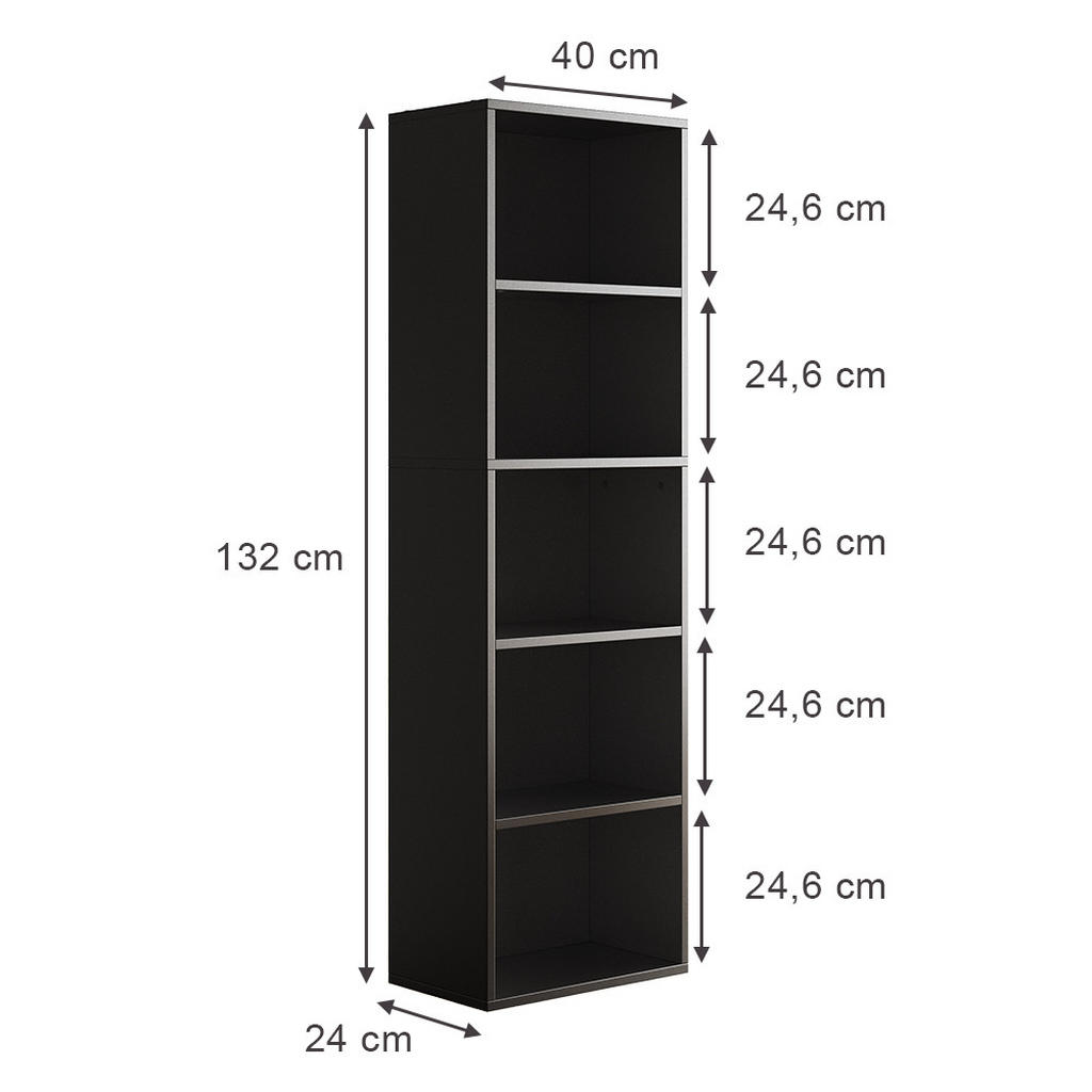 Thumbnail - Vicco Bücherregal, Schwarz, Holzwerkstoff, 5 Fächer, Rechteckig, 40x132x24 cm, Wohnzimmer, ,