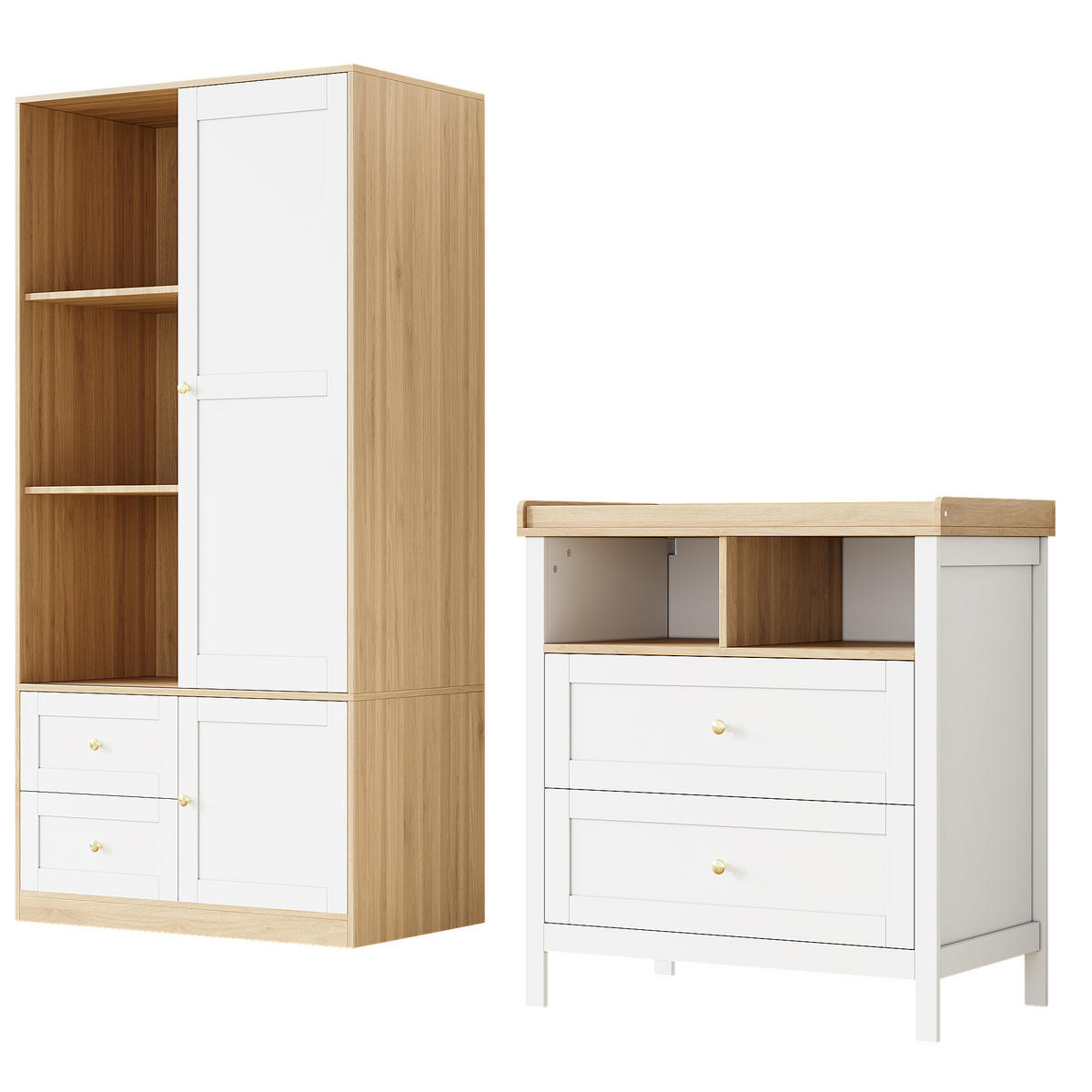 GARDEROBENSCHRANK mit Schiebetüren,mit Schutzgitter, 90/50/180 cm + 82/50/90 cm - Weiß/Naturfarben, Holzwerkstoff/Metall (90/180/50cm) - EVRYAE