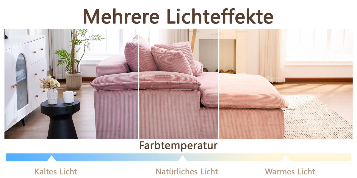 LIEGESOFA Cord ergonomisch mit breiten Armlehnen 177/122/92 cm Rosa - Rosa, Textil (122/92/177cm) - Redom