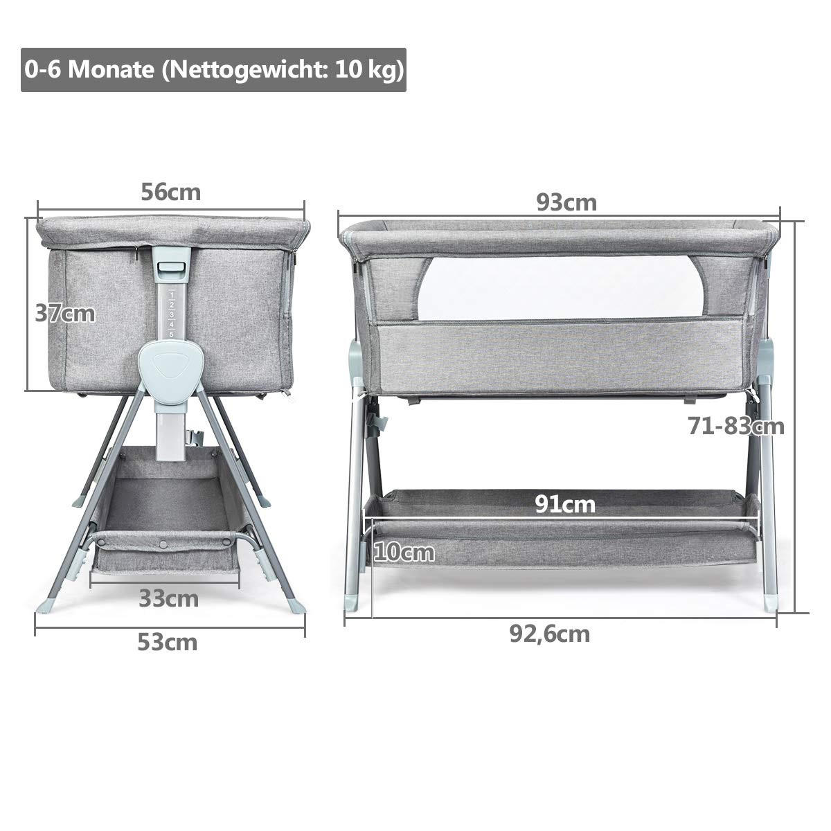 BABYBETT Beistellbett Grau - Grau, Textil - COSTWAY