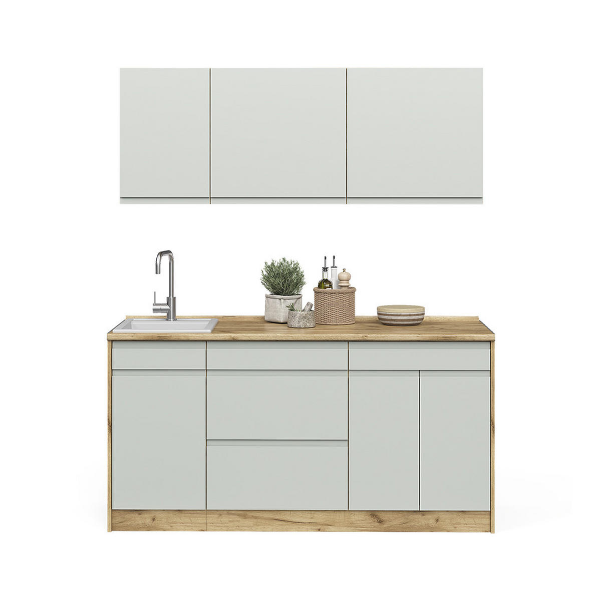 SINGLEKÜCHE R-Line, Pastellgrün/Goldkraft Eiche, 160 cm Arbeitsplatte Weiß - Eichefarben/Pastellgrün, Holzwerkstoff (160/81.6/60cm) - Vicco