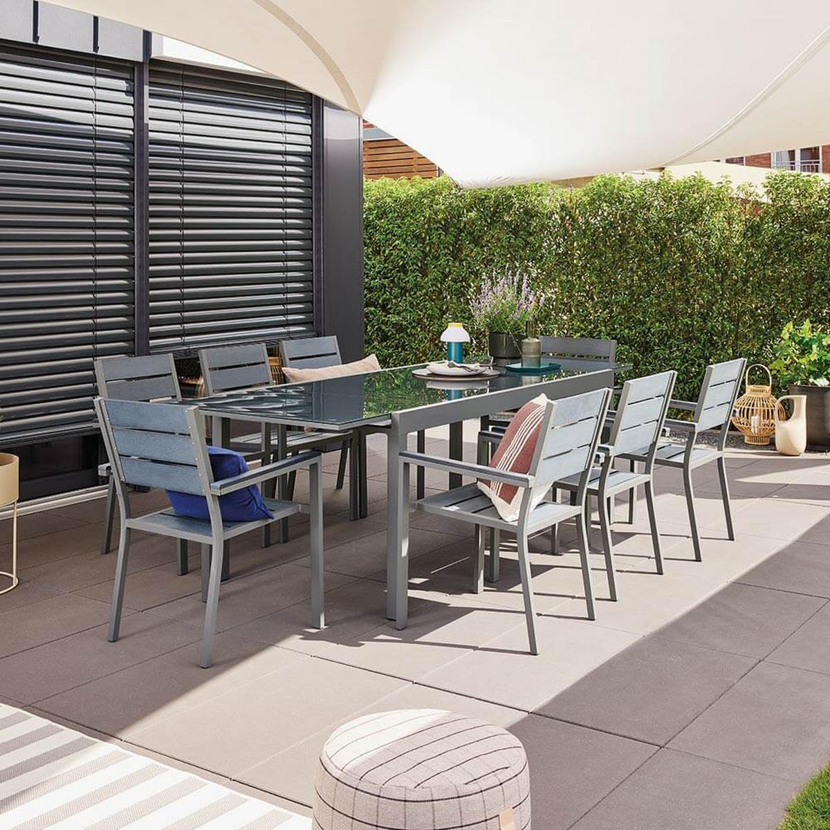 GARTEN-SITZGRUPPE ausziehbar SOL MADERA - 180/240 x 90 cm 8 Stühle - Anthrazit/Hellgrau, Metall - Home Deluxe