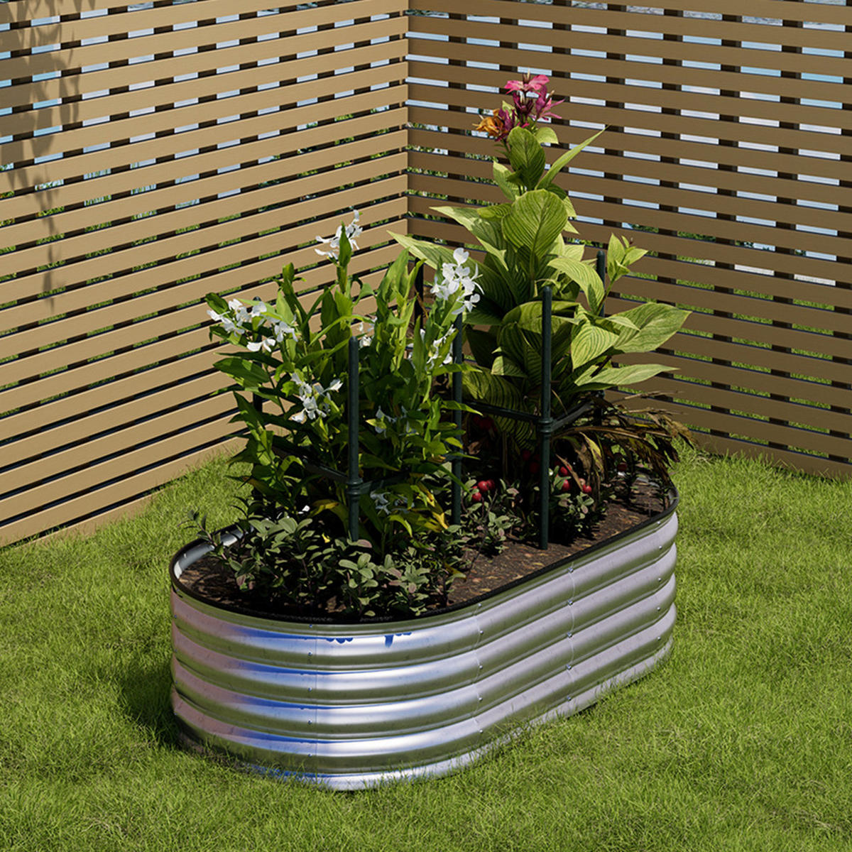 HOCHBEET-PFLANZKASTEN mit Pflanzenstütze aus verzinktem Stahl in verzinkten Silber Ovalen Blumenkasten Garten Balkon rostfest 160 × 80 × 42 cm - Grün, Metall (80/42/160cm) - Livingandhome
