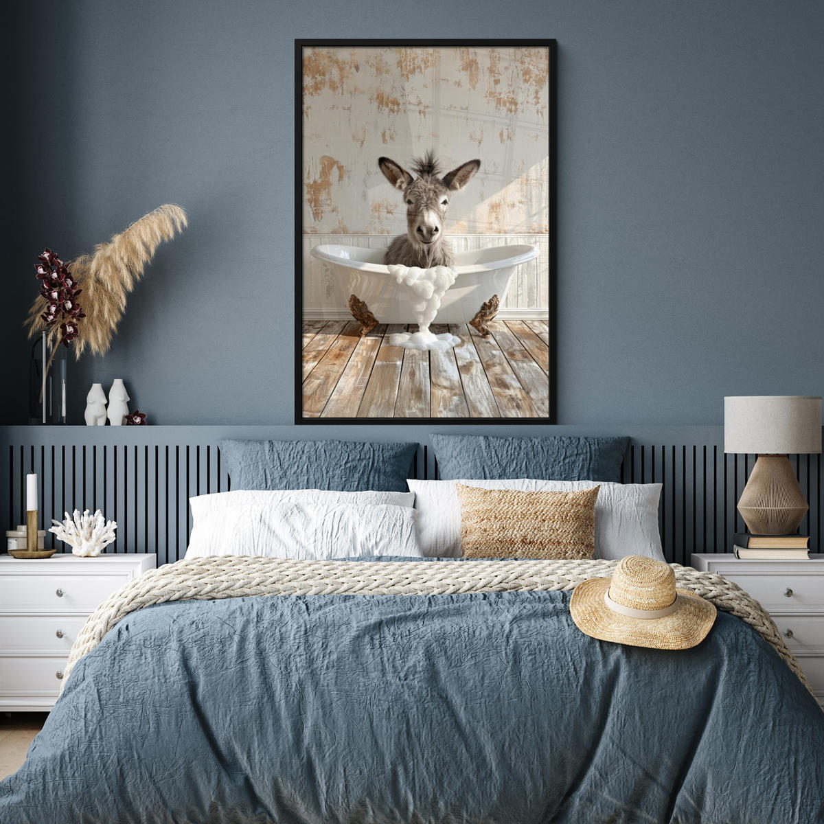 GERAHMTES BILD Esel - Tiere - Badewanne - Schaumstoff 80x120 cm - Weiß, Papier (80/120cm) - MuchoWow