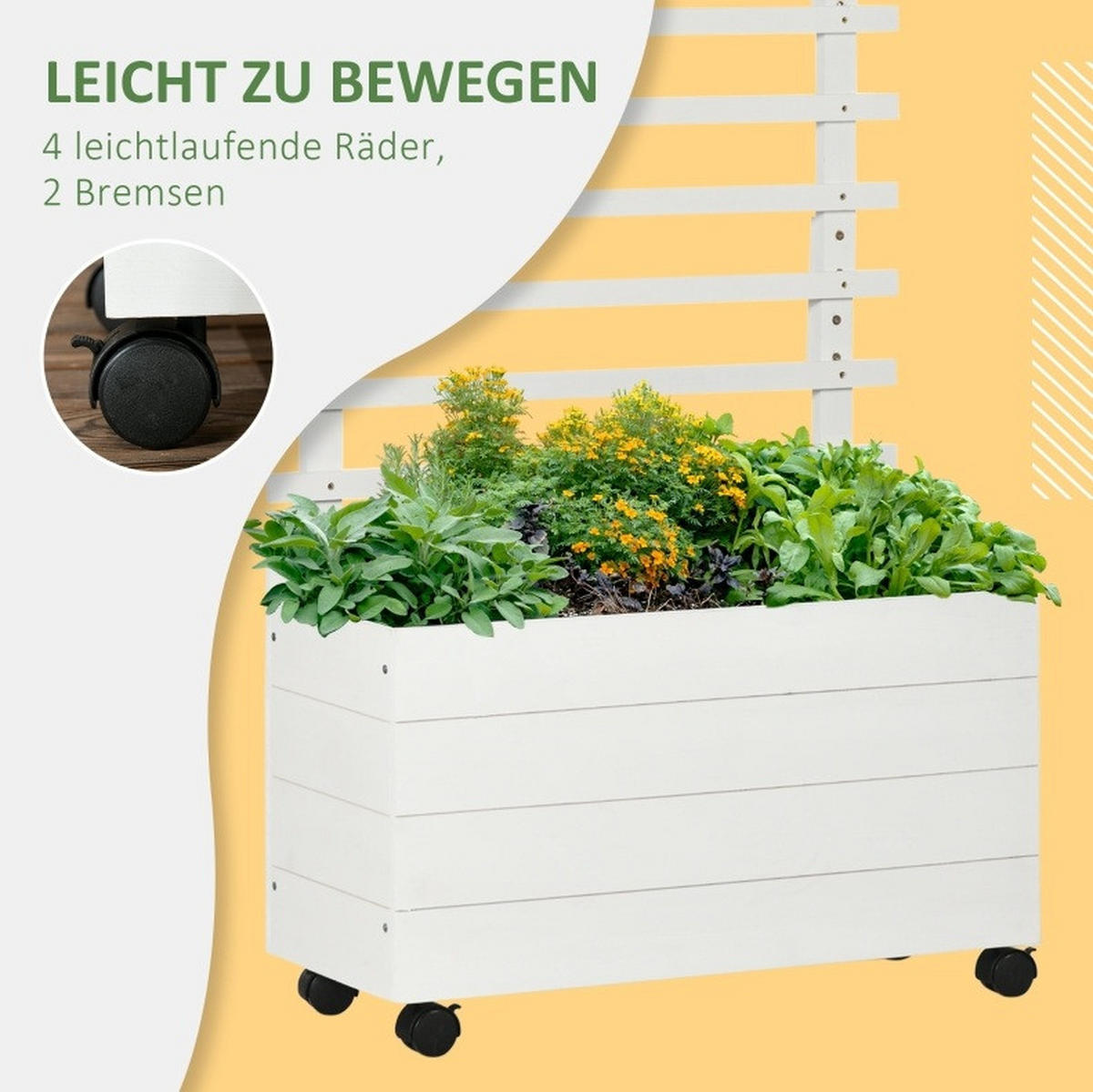 BLUMENKASTEN aus Holz 76x30x155cm Weiß mit Rankgitter & Rollen - Weiß, Holz (30/155/76cm) - Modfu